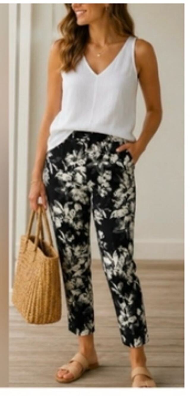Cynthia Rowley Black & White Floral Preppy Resort Wear Casual Ankle Pants size 8